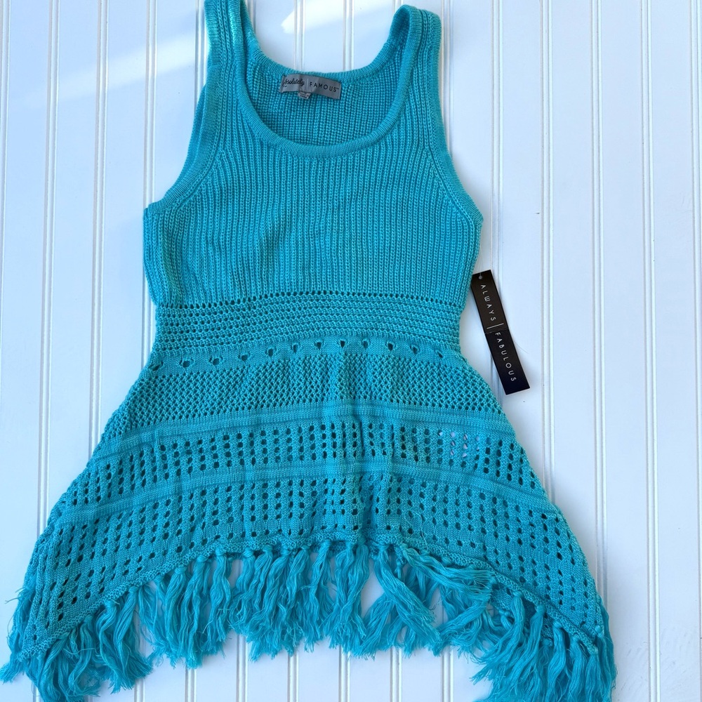 NEW Absolutely Famous Turquoise Crochet Fringe Shirt